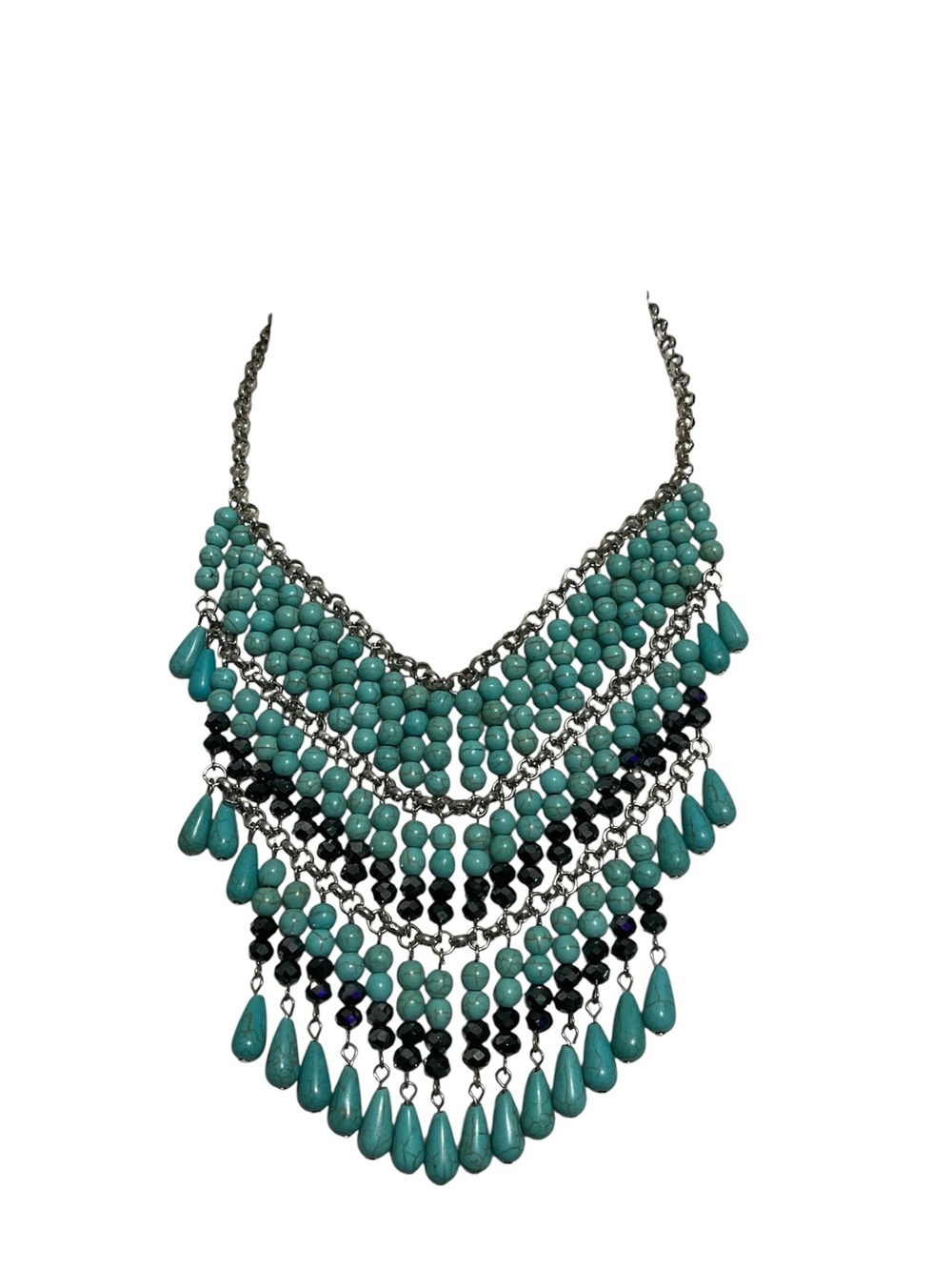 Turquoise Statement Bib Necklace Beaded Fringe Boho Western Festival Jewelry - Picture 2 of 2